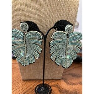 Beaded Earring Tropical Leaf Monstera Plant Iridescent Sequin Felt Back